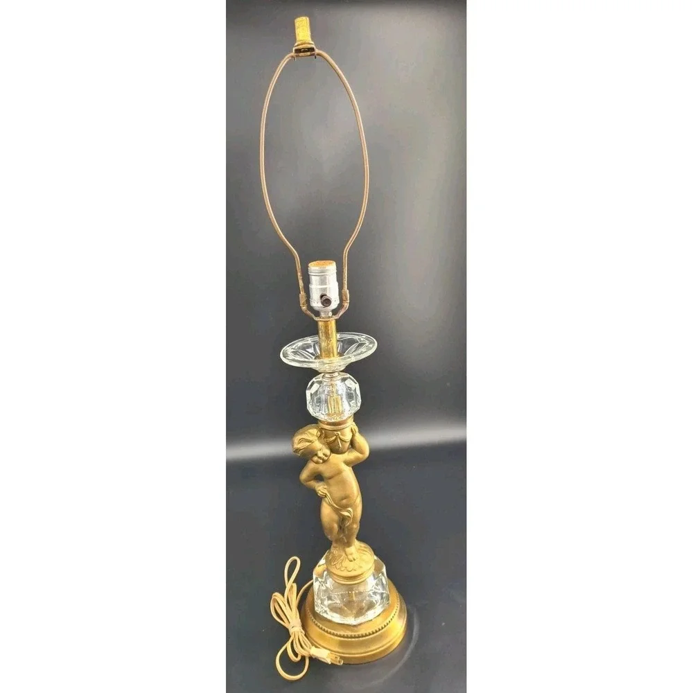 Vintage 1950s Hollywood Regency Cherub Boudoir Lamp Glass Crystal Gilt Mixed...